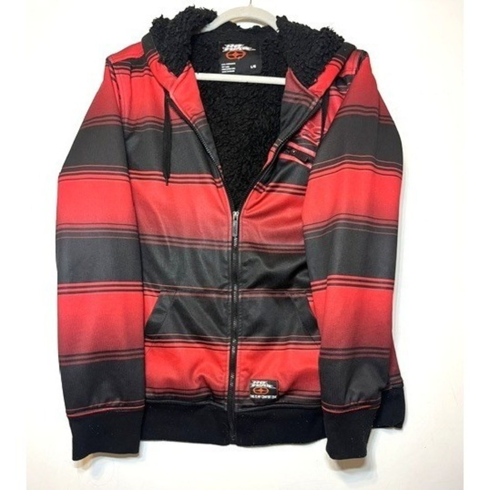 No Fear‎ Mens Red Black Striped Sherpa Lined Full Zip Hoodie Jacket Large